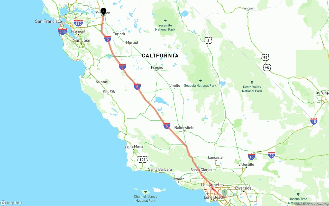 Shipping route from Anaheim to Stockton