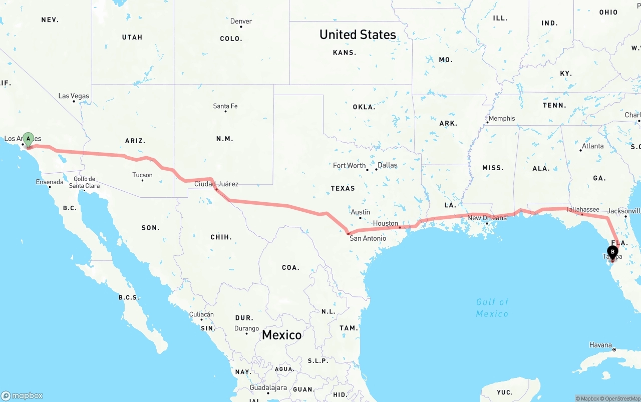 Shipping route from Anaheim to Tampa