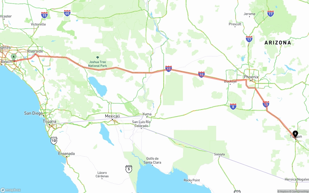 Shipping route from Anaheim to Tucson