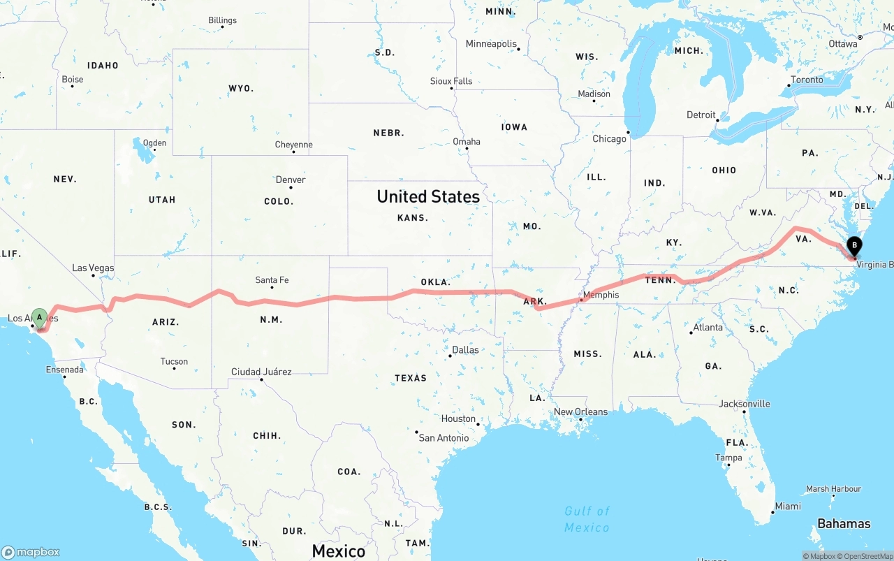 Shipping route from Anaheim to Virginia Beach