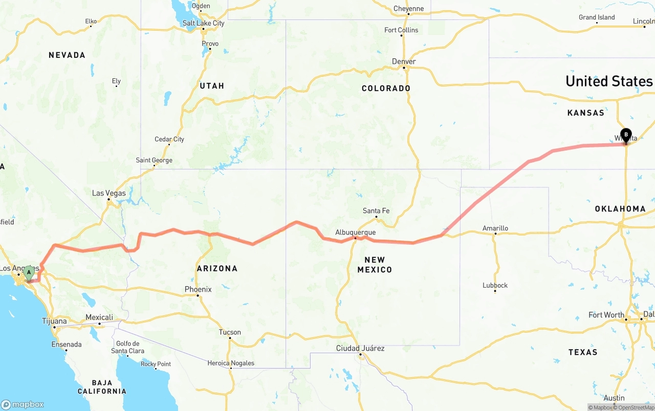Shipping route from Anaheim to Wichita