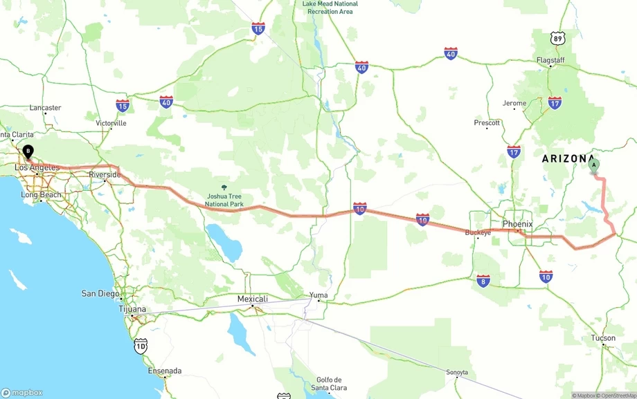 Arizona to Bob Hope Airport freight shipping route map