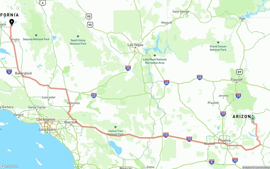Arizona to California freight shipping route map