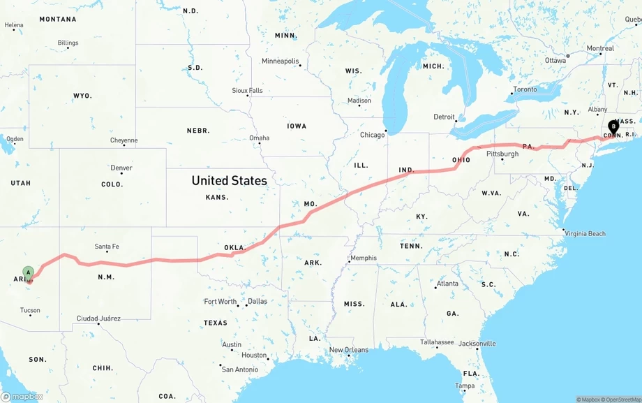 Arizona to Connecticut freight shipping route map