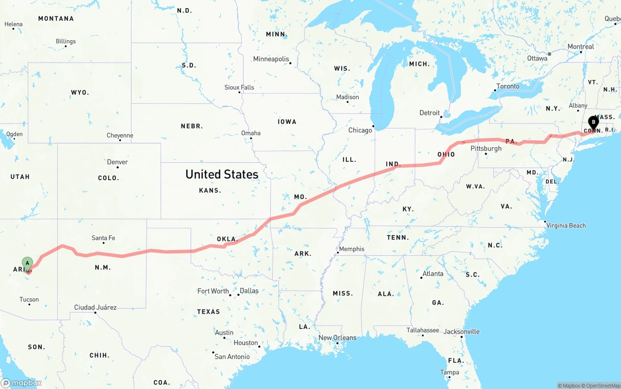 Shipping route from Arizona to Connecticut
