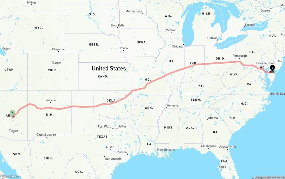 Arizona to Delaware freight shipping route map