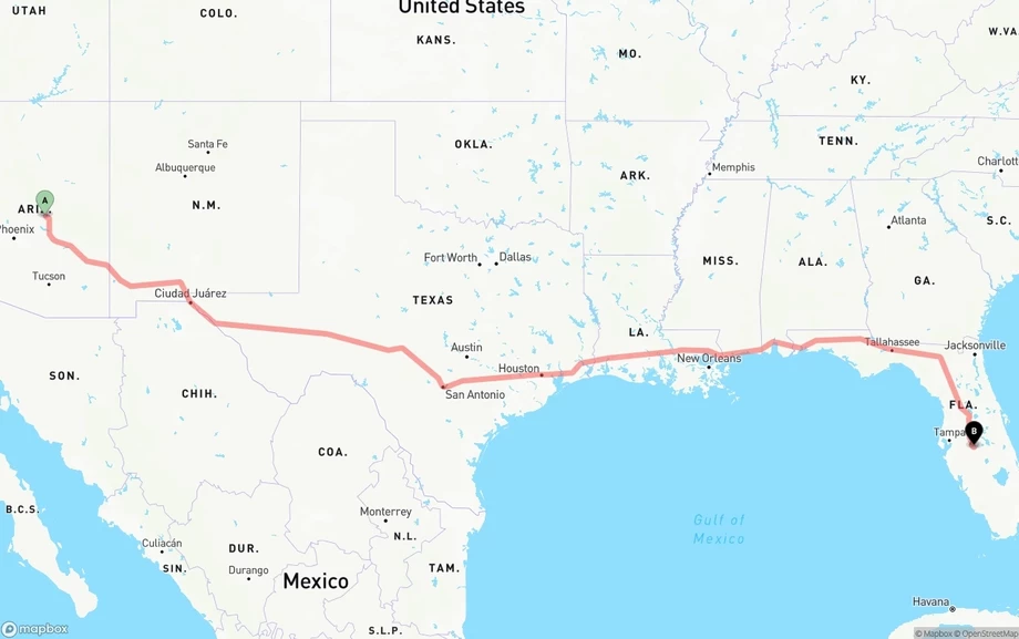 Arizona to Florida freight shipping route map
