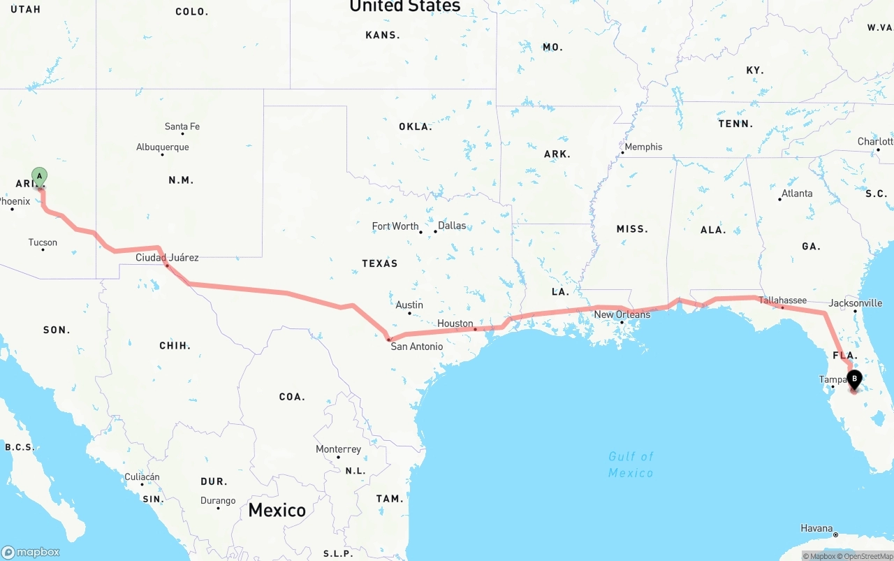 Shipping route from Arizona to Florida