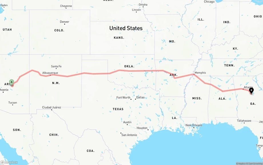 Arizona to Georgia freight shipping route map