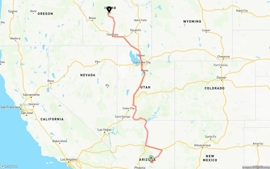 Arizona to Idaho freight shipping route map