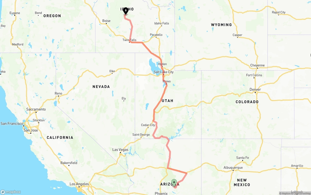 Shipping route from Arizona to Idaho
