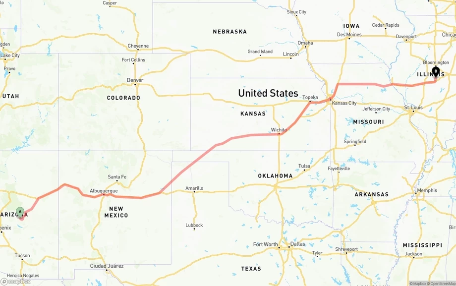 Arizona to Illinois freight shipping route map