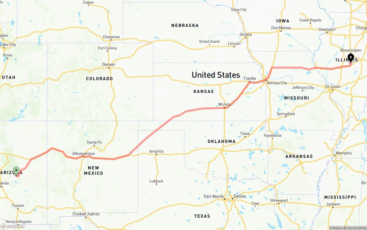 Shipping route from Arizona to Illinois