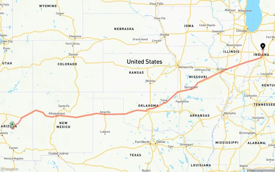 Arizona to Indiana freight shipping route map