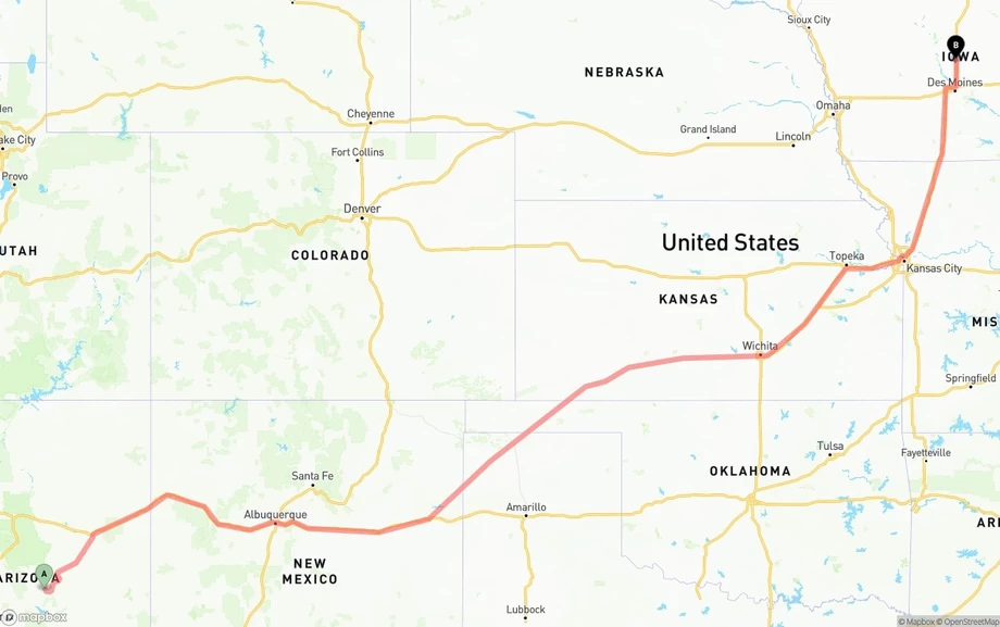 Arizona to Iowa freight shipping route map