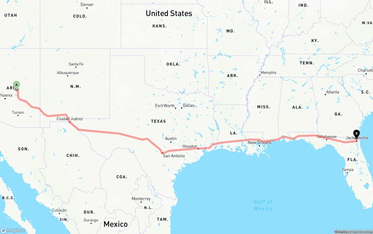 Shipping route from Arizona to Jacksonville International Airport