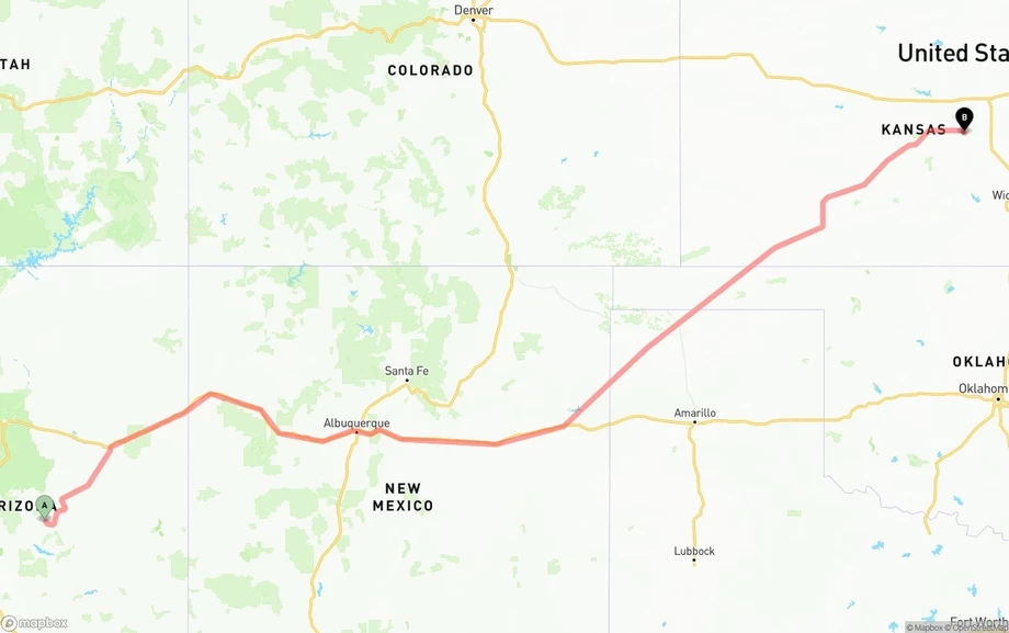 Arizona to Kansas freight shipping route map