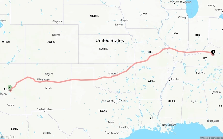 Arizona to Kentucky freight shipping route map