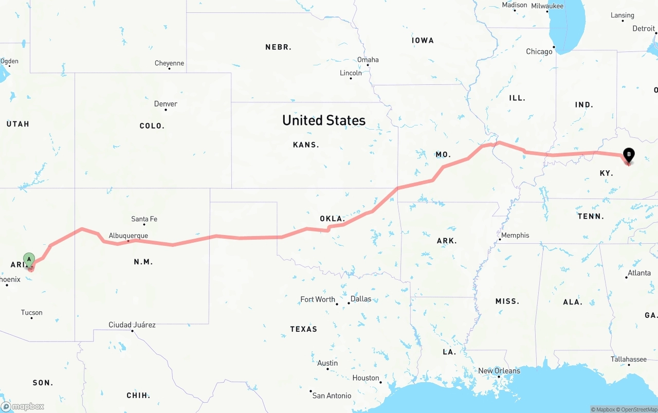 Shipping route from Arizona to Kentucky