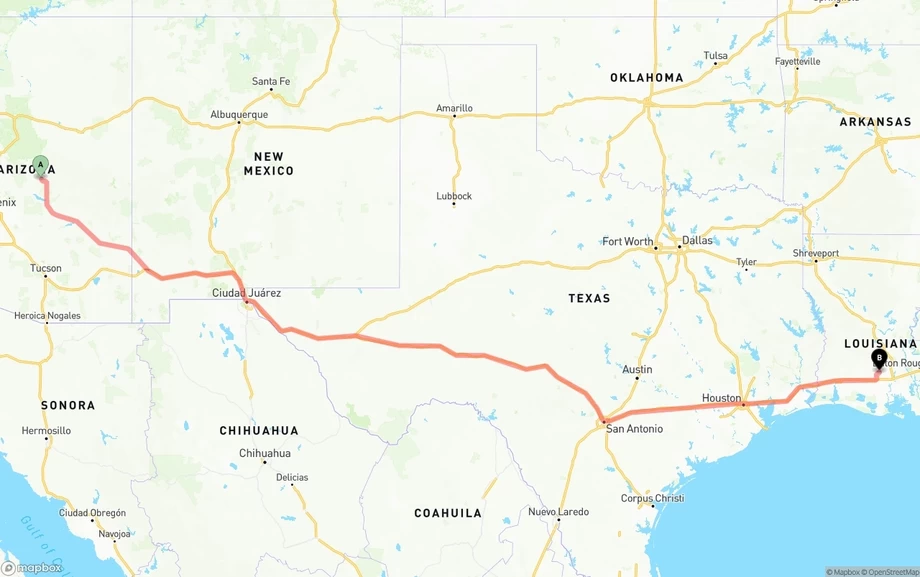 Arizona to Louisiana freight shipping route map