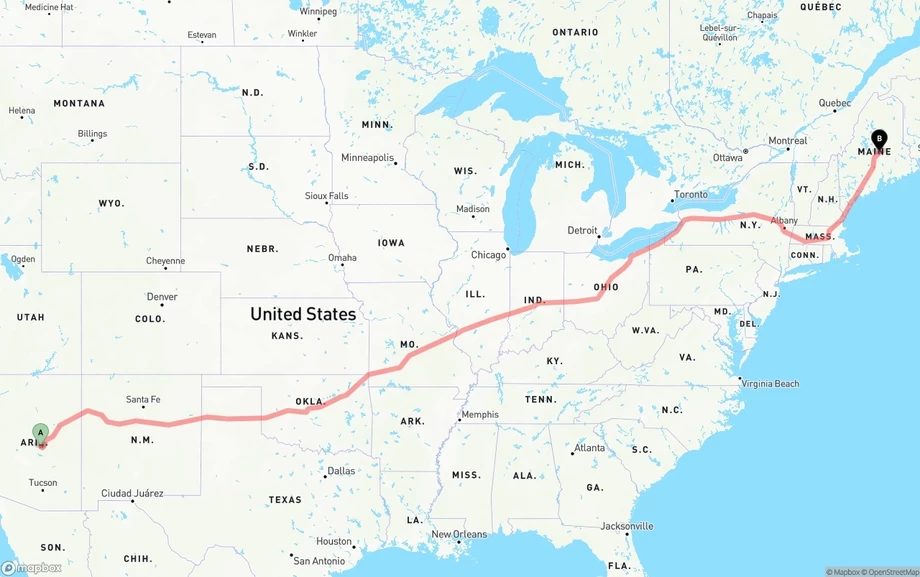 Arizona to Maine freight shipping route map