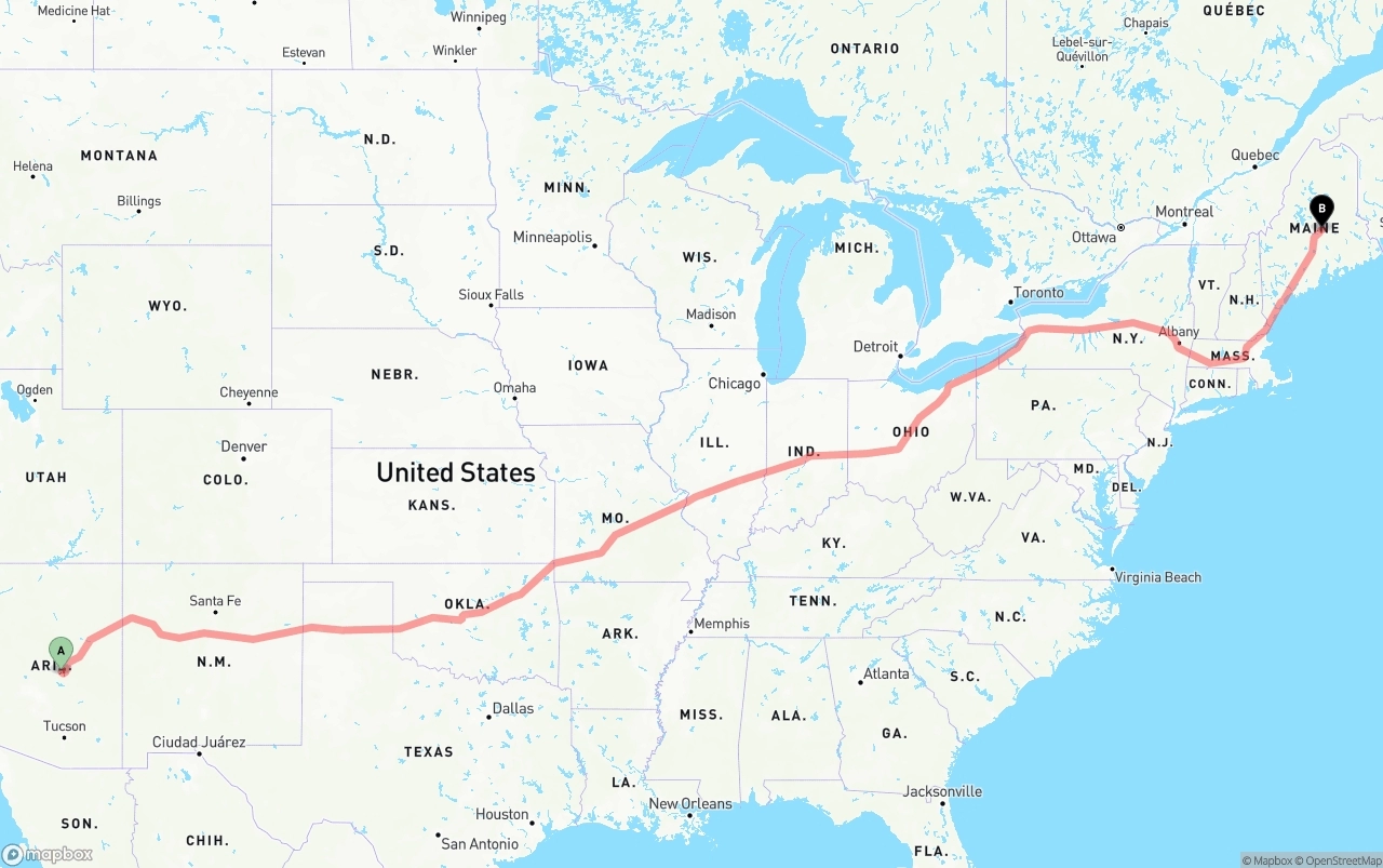 Shipping route from Arizona to Maine