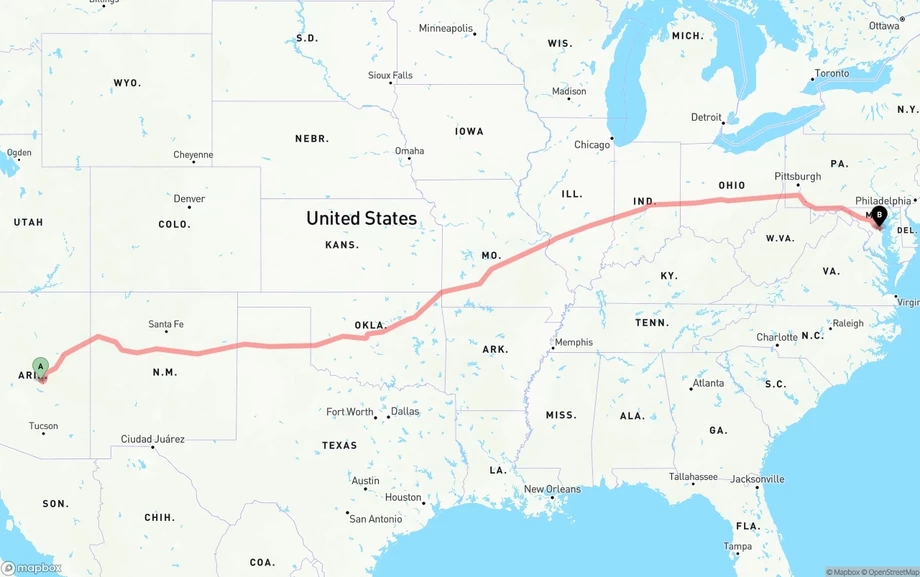Arizona to Maryland freight shipping route map