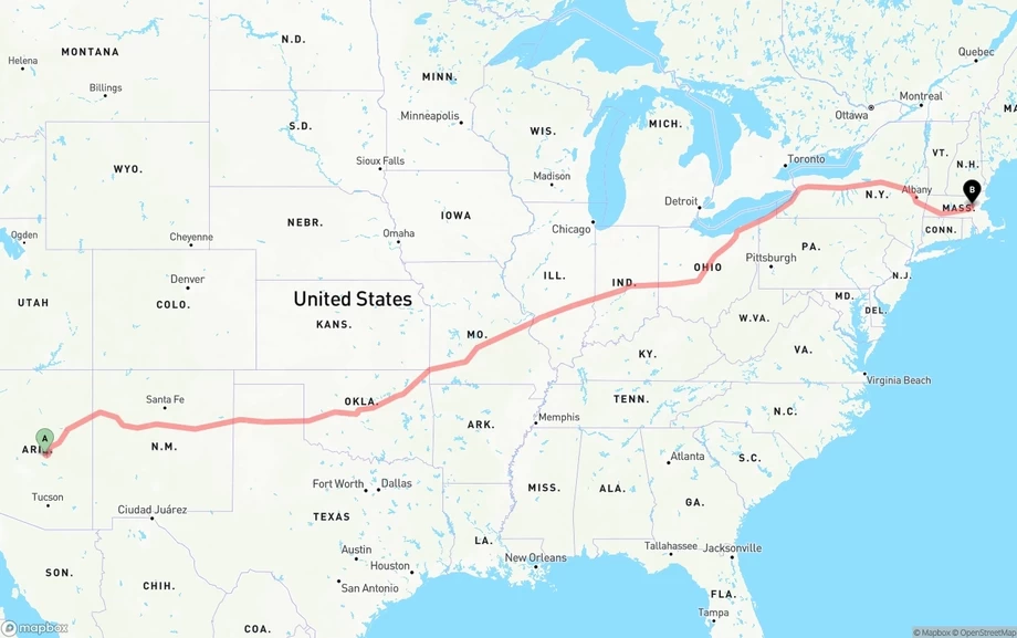Arizona to Massachusetts freight shipping route map