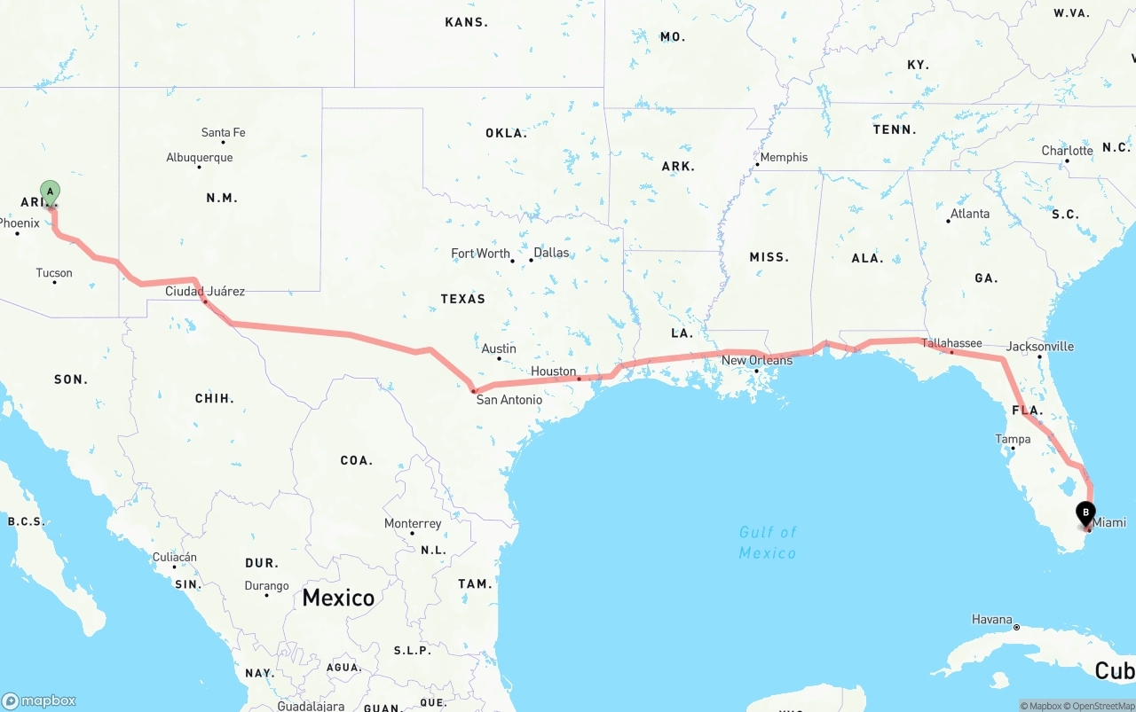Shipping route from Arizona to Miami International Airport