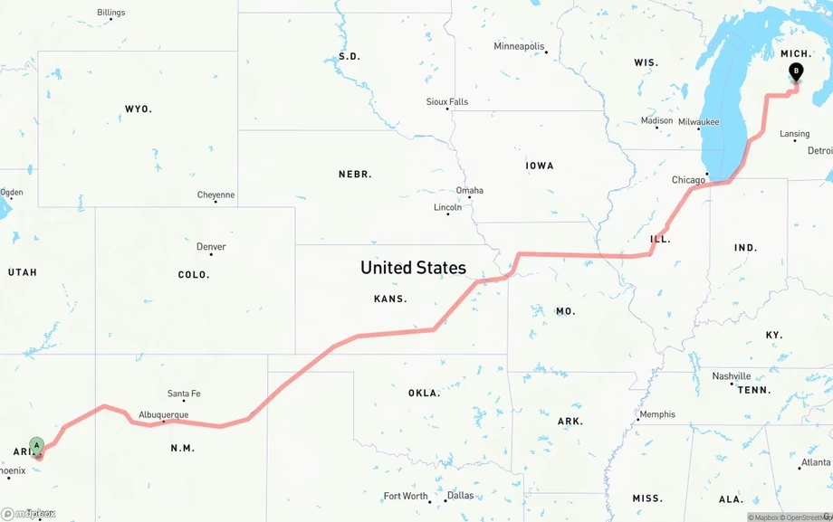 Arizona to Michigan freight shipping route map