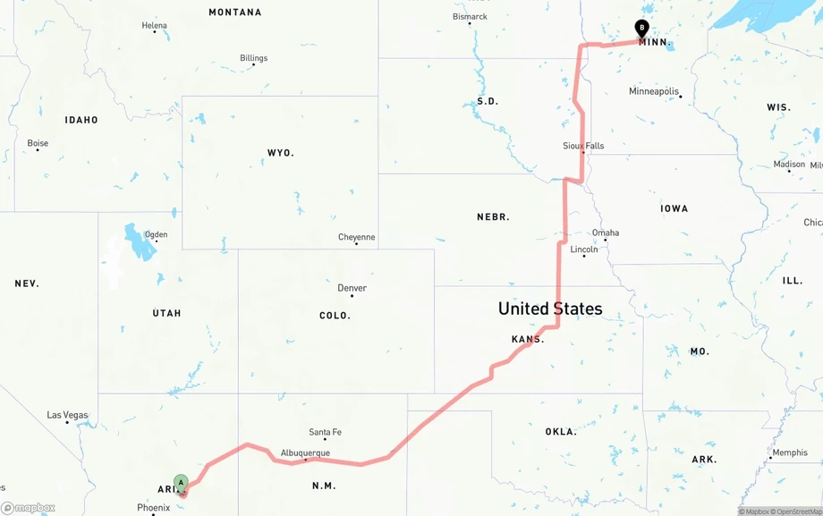 Arizona to Minnesota freight shipping route map