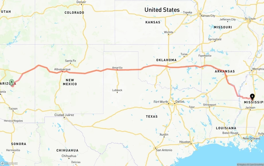 Arizona to Mississippi freight shipping route map