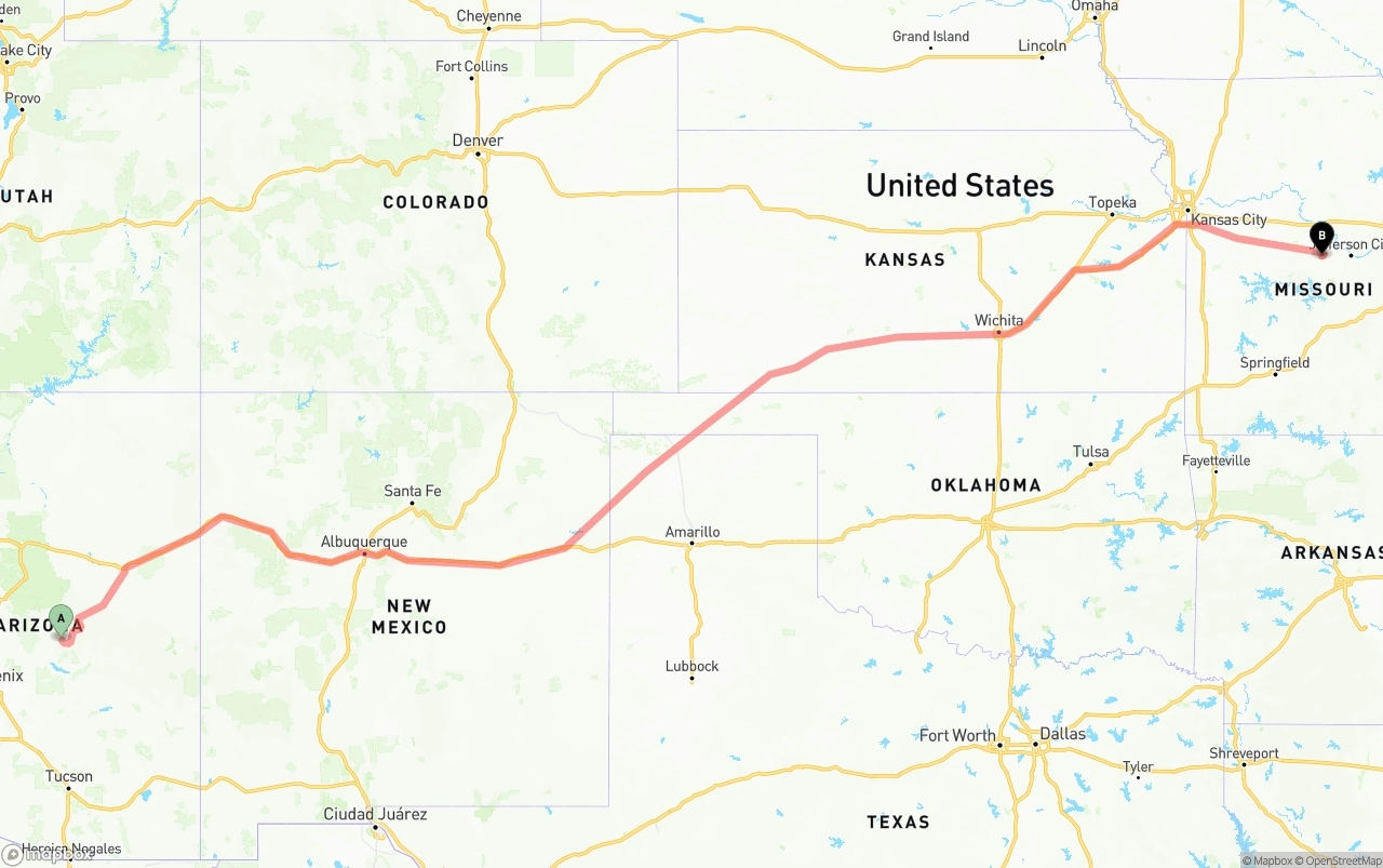 Shipping route from Arizona to Missouri
