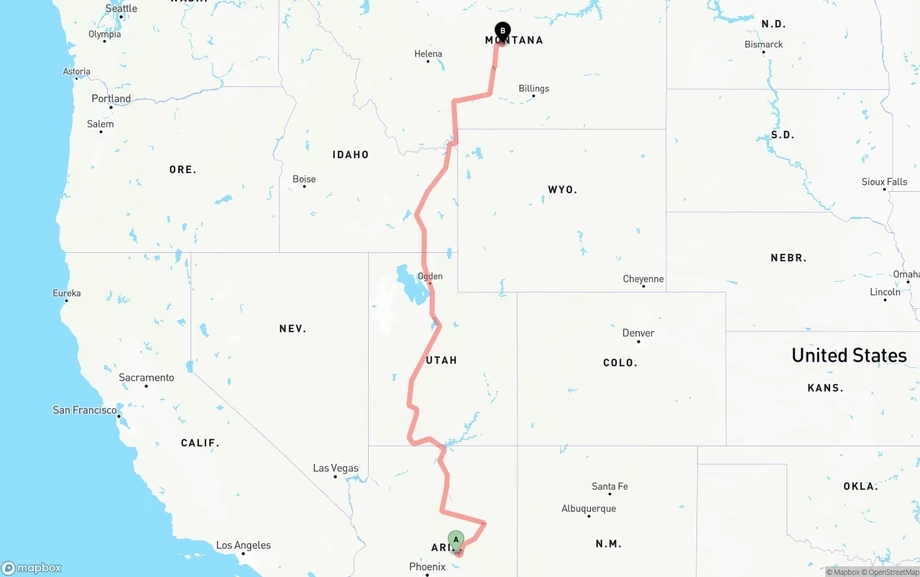 Arizona to Montana freight shipping route map