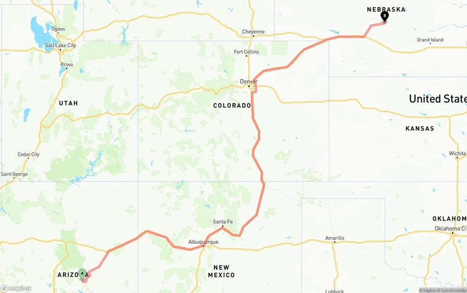 Arizona to Nebraska freight shipping route map