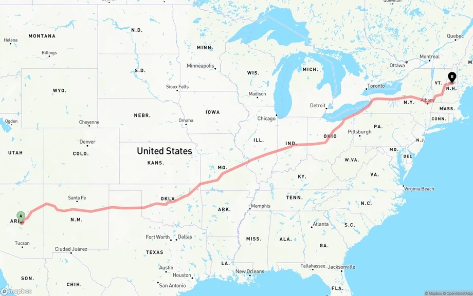 Arizona to New Hampshire freight shipping route map