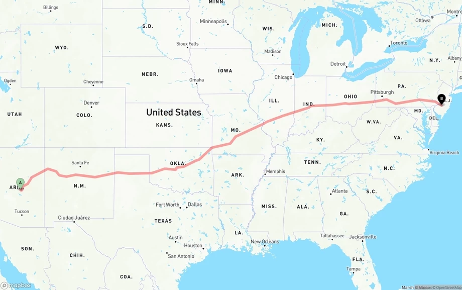 Arizona to New Jersey freight shipping route map