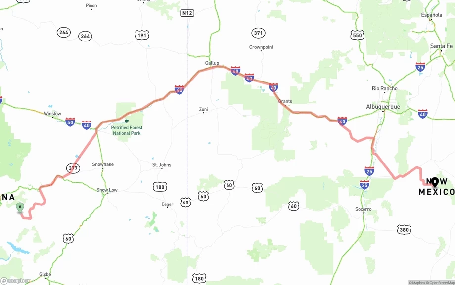 Arizona to New Mexico freight shipping route map