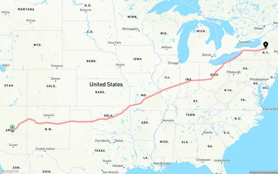 Arizona to New York freight shipping route map
