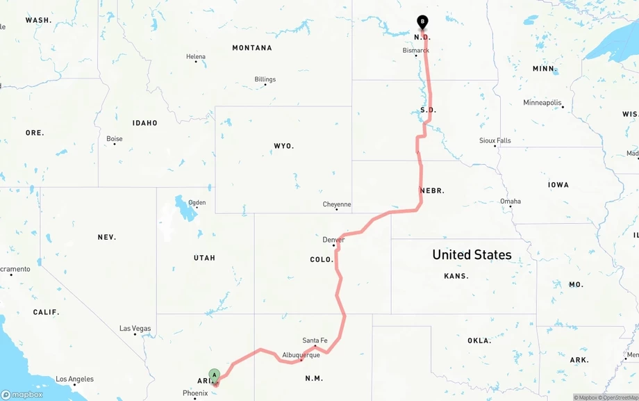 Arizona to North Dakota freight shipping route map
