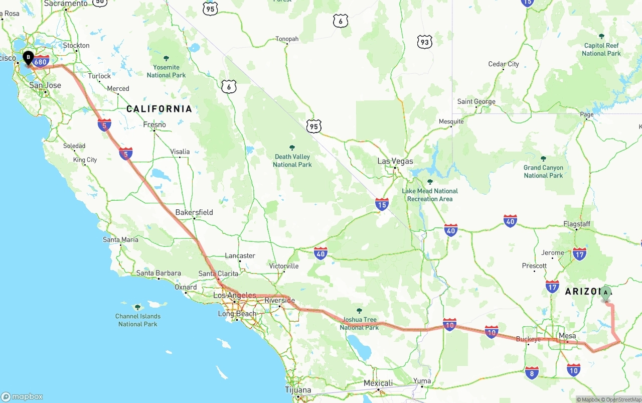 Shipping route from Arizona to Oakland International Airport