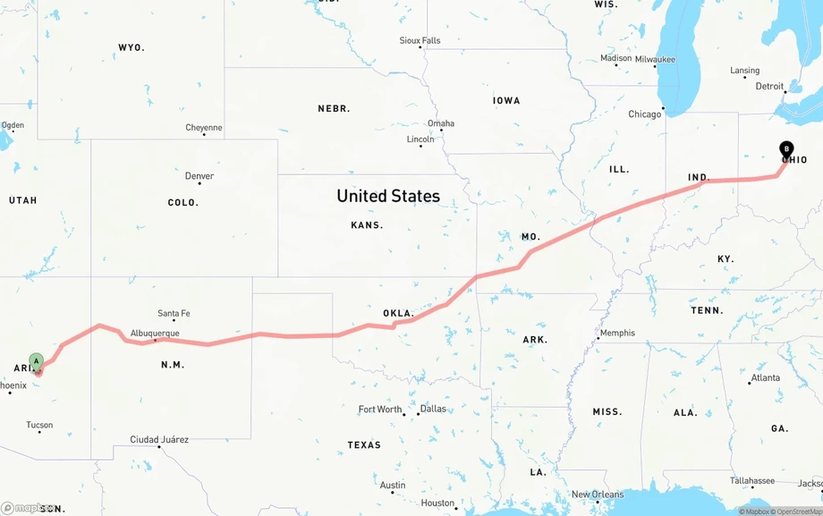 Arizona to Ohio freight shipping route map