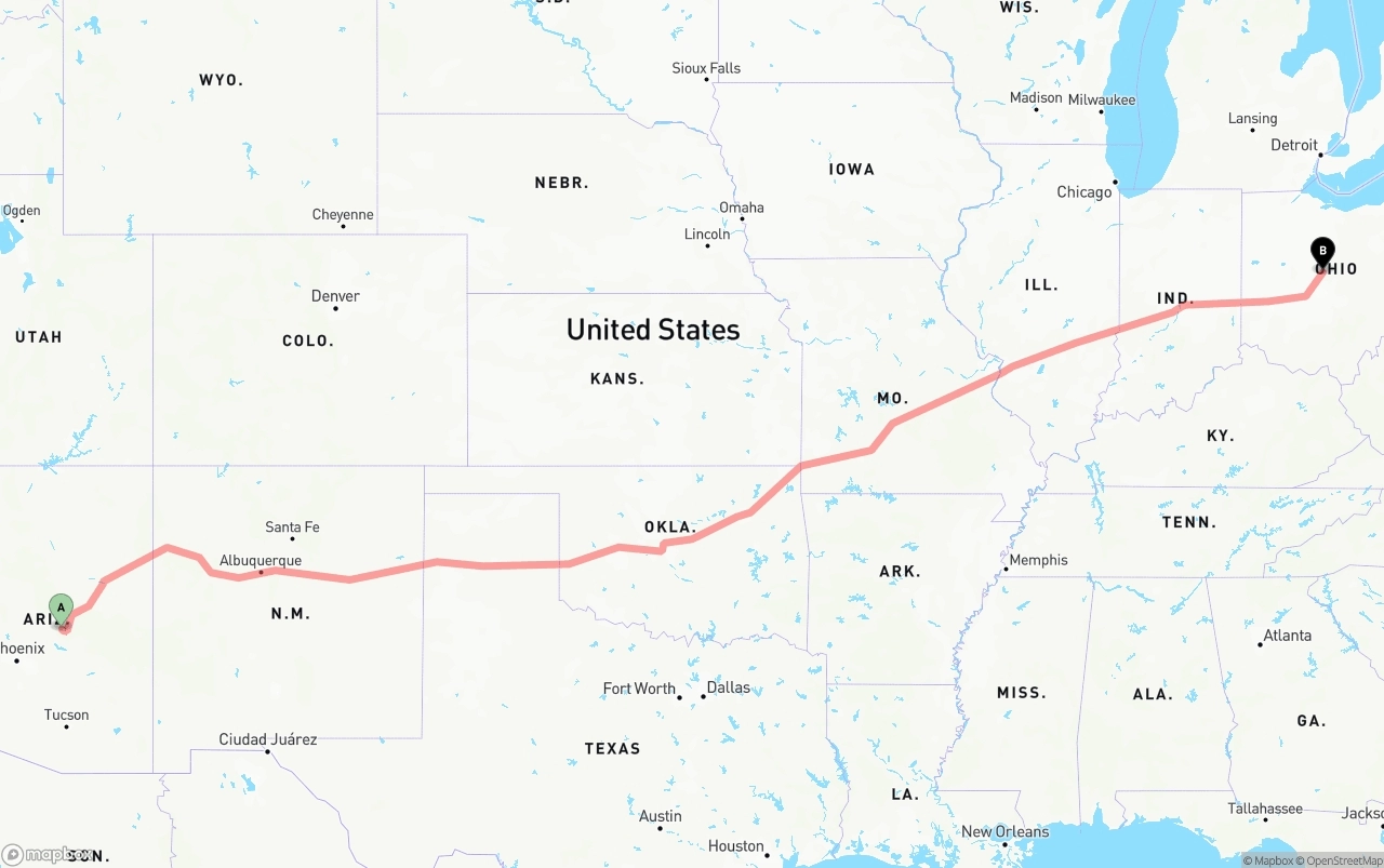 Shipping route from Arizona to Ohio