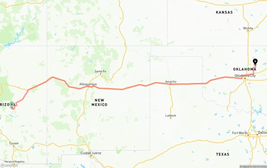 Arizona to Oklahoma freight shipping route map