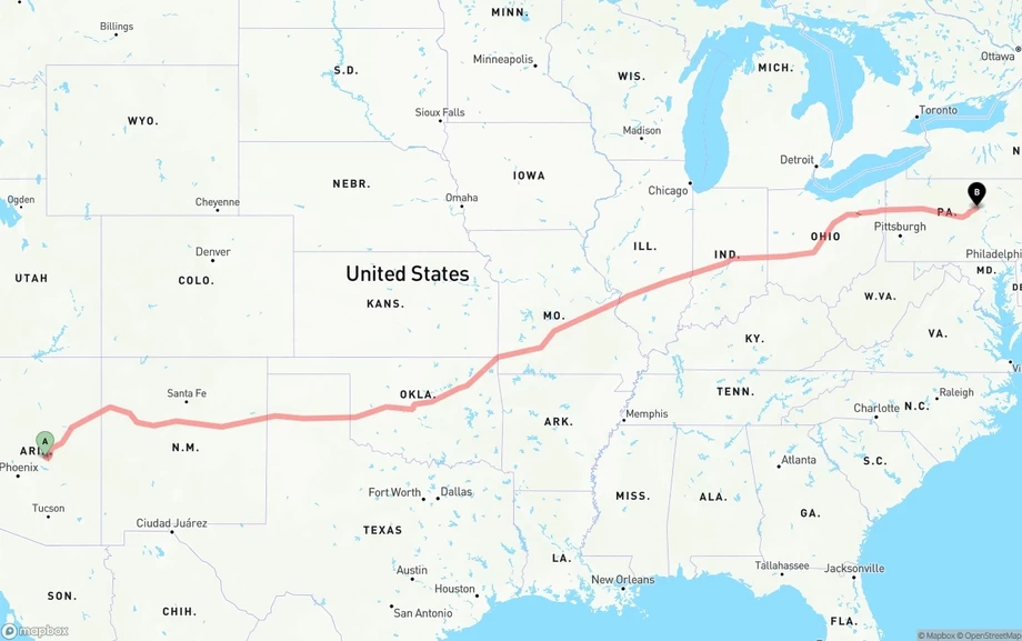 Arizona to Pennsylvania freight shipping route map