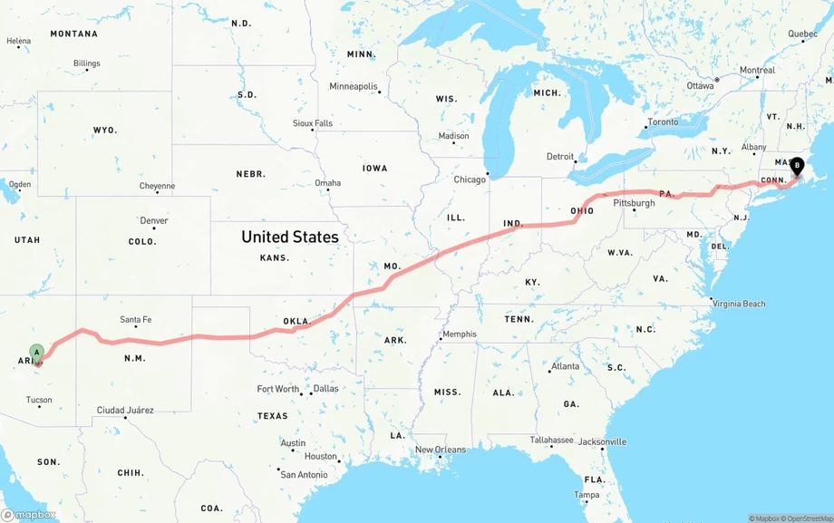 Arizona to Rhode Island freight shipping route map