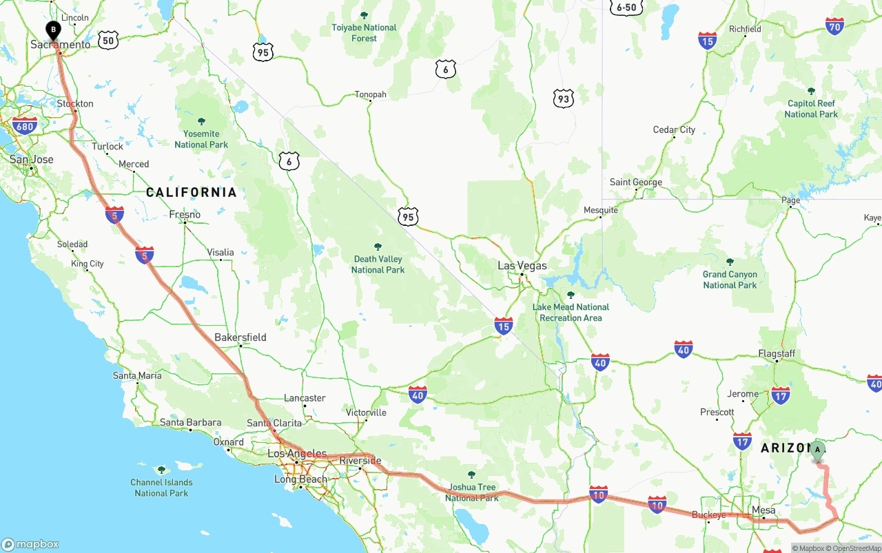 Shipping route from Arizona to Sacramento International Airport