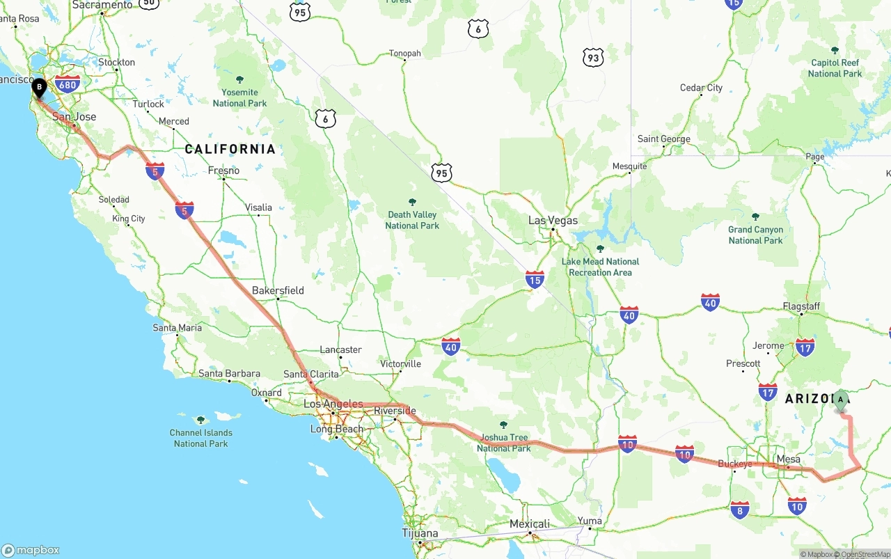 Shipping route from Arizona to San Francisco International Airport