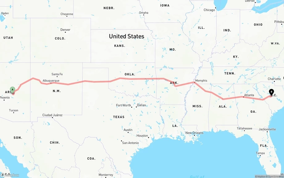 Arizona to South Carolina freight shipping route map