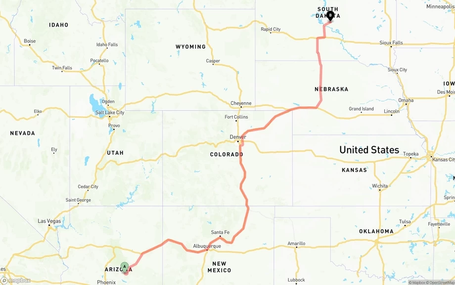 Arizona to South Dakota freight shipping route map